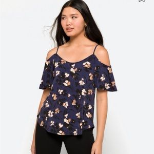 Kayleigh Stitch Fux brand top size XL cold shoulder navy blue w pattern